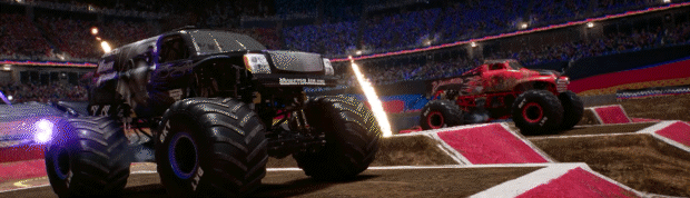 Monster truck performing stunt jump